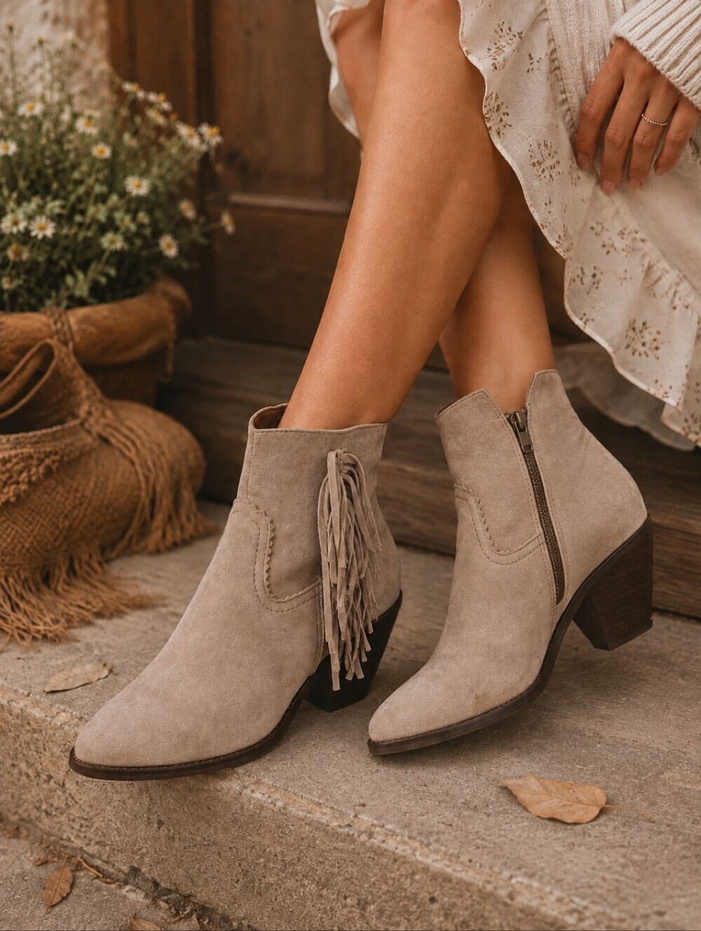Sam Edelman Louie Grey Suede Fringe Side Zip Boots Ankle Booties Women's 8.5 M